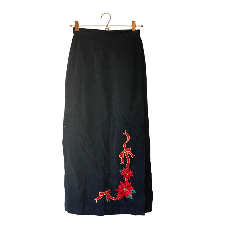 Vintage Black Velvet Poinsettia‎ Embroidered Maxi Skirt XSmall holiday christmas